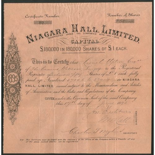 499 - Great Britain: Niagara Hall Ltd., £1 shares, 18[95], #82, black on peach paper. Registered 1894 to a... 