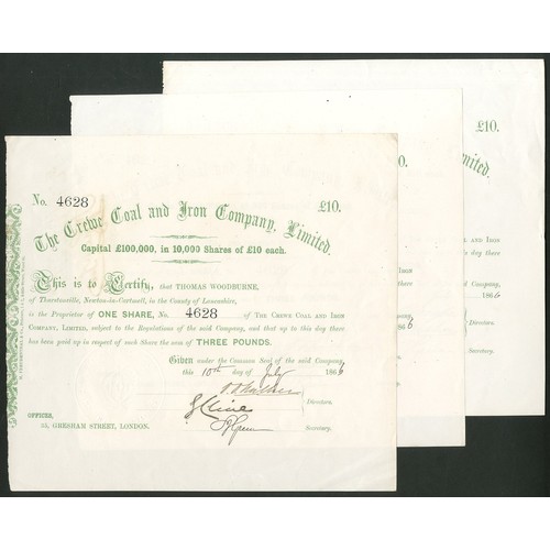 465 - Great Britain: Crewe Coal and Iron Company Ltd., a group of 3 x £10 shares, 186[6], green. Owned the... 