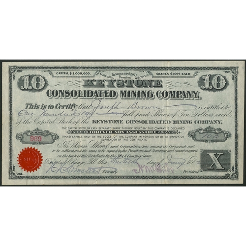 766 - U.S.A.: Keystone Consolidated Mining Company, $10 shares, 188[2], #969, black, small red seal. The c... 