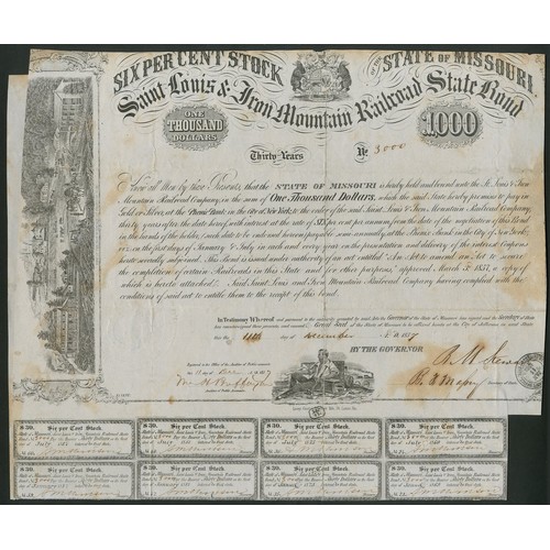 693 - U.S.A.: Saint Louis & Iron Mountain Railroad, Missouri State bond for $1000 in aid of the Railro... 