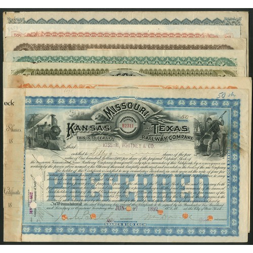 685 - U.S.A.: Missouri, Kansas and Texas Railway Company, a group of 8 different certificates, 18[79]-19[1... 