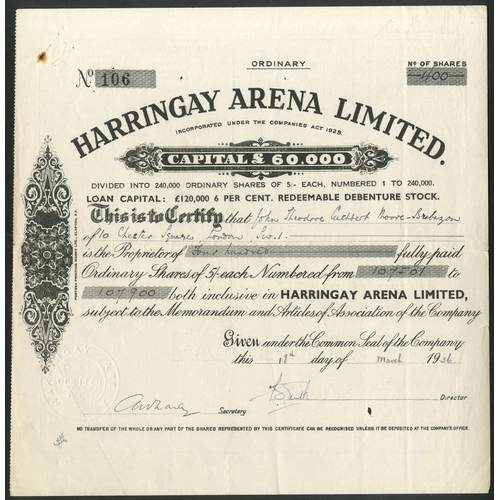 489 - Great Britain: Harringay Arena Limited, 5/- ordinary shares, 19[36], #106, scrollwork at left, black... 