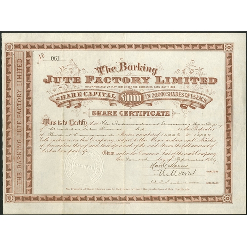 521 - Great Britain: Barking Jute Factory Ltd., £5 shares, 18[89], #061, decorative brown printing. Opened... 