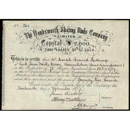 488 - Great Britain: Handsworth Skating Rinks Co. Ltd., £1 shares, 187[7], #50, black, decorative title. F... 