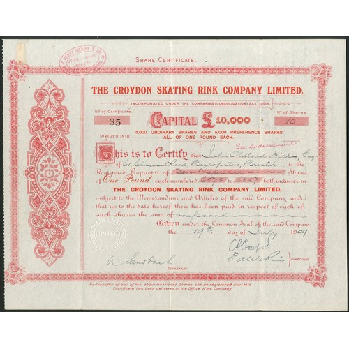 485 - Great Britain: Croydon Skating Rink Co. Ltd., £1 ordinary shares, 19[09], #35, red with scrollwork. ... 