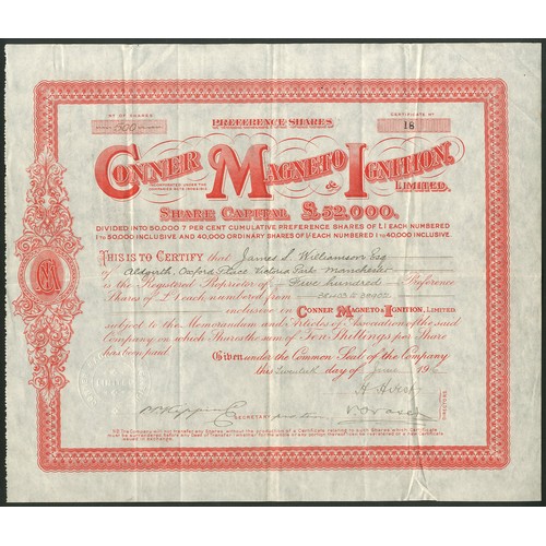 458 - Great Britain: Conner Magneto & Ignition Limited, £1 preference shares, 19[16], #18, red. Covent... 