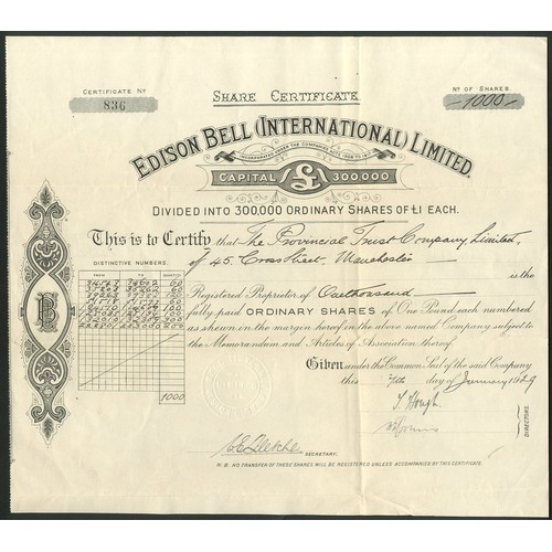 486 - Great Britain: Edison Bell (International) Limited, £1 shares, 19[29], #836, black. Edison Bell was ... 