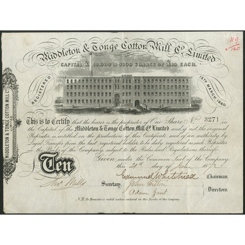 535 - Great Britain: Middleton & Tonge Cotton Mill Co. Ltd., £10 share, 18[72], #3271, large vignette ... 