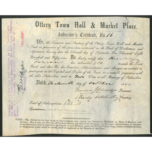 502 - Great Britain: Ottery Town Hall & Market Place, subscriber's certificate for £10, 18[60], #16, b... 