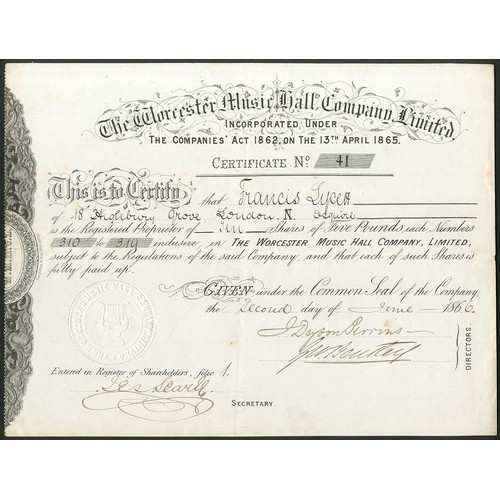 508 - Great Britain: Worcester Music Hall Company Limited, £5 shares, 186[6], #41, black. Registered 1865 ... 