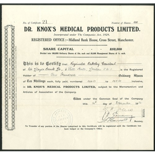 527 - ª Great Britain: Dr. Knox's Medical Products Limited, 10/- ordinary shares, 19[32], #21, signed by S... 