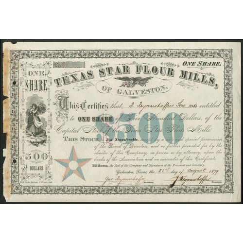 826 - U.S.A.: Texas Star Flour Mills of Galveston, one share of $500, 18[79], #29, pink and blue Texas Sta... 