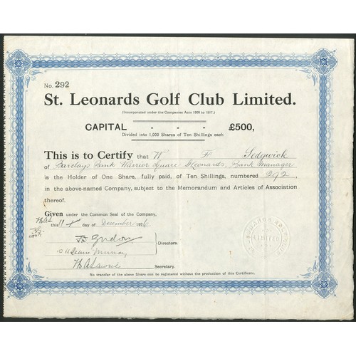 504 - Great Britain: St. Leonards Golf Club Limited, 10/- shares, 192[6], #292, blue and black. Registered... 