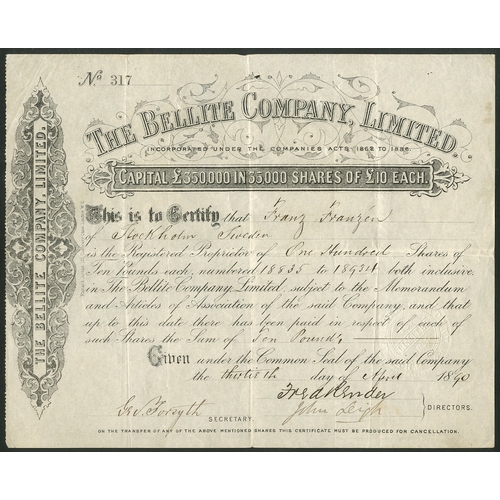 523 - Great Britain: Bellite Company Limited, £10 shares, 18[90], #317, scrollwork at left, black. Bellite... 