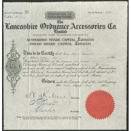 460 - Great Britain: Lancashire Ordnance Accessories Co. Ltd., £1 ordinary shares, 192[0], #27, scrollwork... 