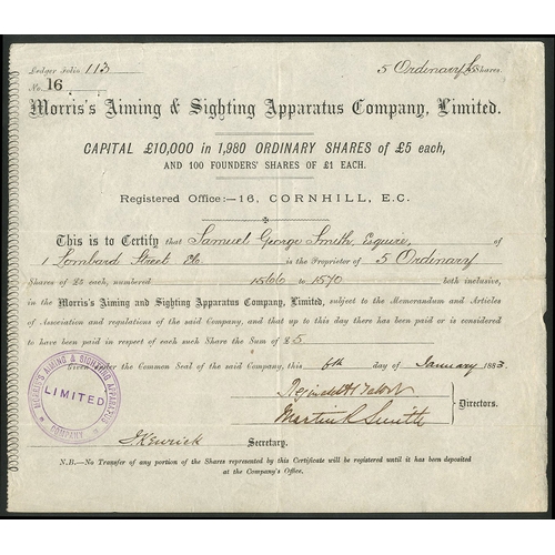 539 - Great Britain: Morris's Aiming & Sighting Apparatus Co. Ltd., £5 ordinary shares, 188[3], #16, b... 