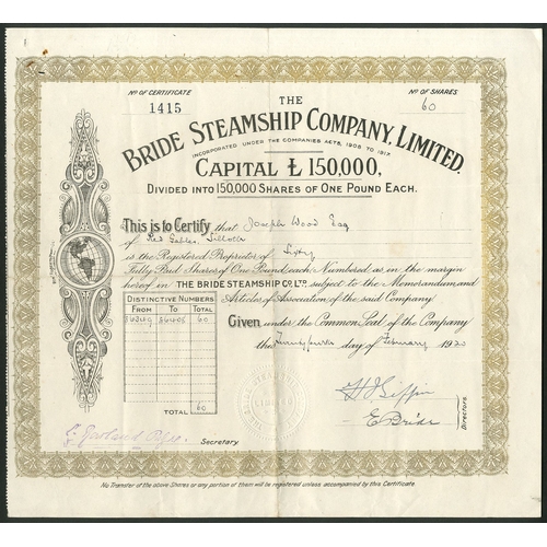 441 - Great Britain: Bride Steamship Company Limited, £1 shares, 19[20], #1415, gold border. Registered 19... 