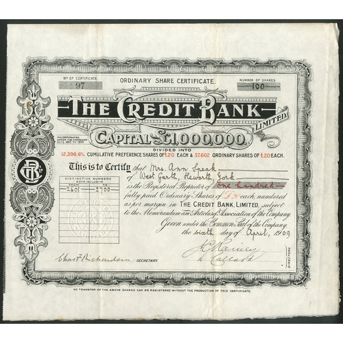 477 - Great Britain: Credit Bank Ltd., £20 ordinary shares, 19[09], #97, very ornate border, black and red... 