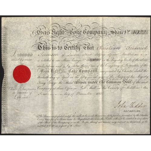 511 - Great Britain: Gas Light and Coke Company, one share, 181[2], #1922, black printing, on vellum, red ... 