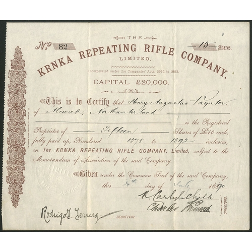 531 - Great Britain: Krnka Repeating Rifle Company Limited, £10 shares, 188[90], #82, brown. Registered 18... 