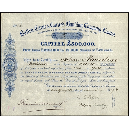 471 - Great Britain: Batten, Carne & Carne´s Banking Co. Ltd., £20 shares, £5 paid, 18[93], #846, smal... 