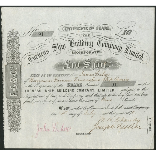 446 - Great Britain: Furness Ship Building Co. Ltd., £10 share, 187[0], #91, issued to James Fisher and si... 