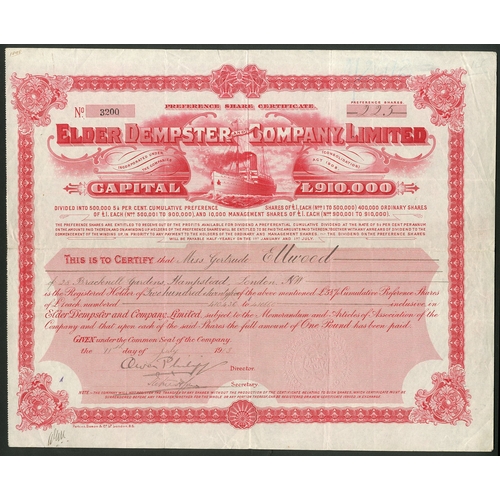 444 - ª Great Britain: Elder Dempster and Company Ltd., £1 preference shares, 19[13], #3200, signed by Owe... 