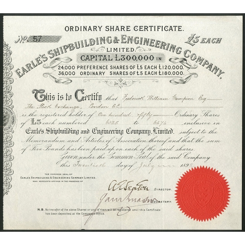 443 - Great Britain: Earle's Shipbuilding & Engineering Co. Ltd., pair of certificates for £5 ordinary... 