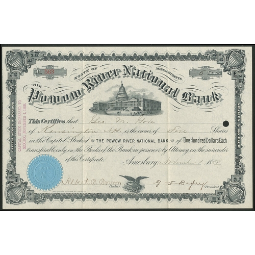 711 - U.S.A.: Powow River National Bank, $100 shares, 18[88], #563, State Capitol in centre, black, blue s... 