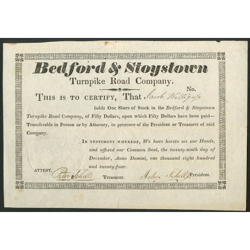 797 - U.S.A.: Bedford & Stoystown Turnpike Road Company, $50 shares, 1824, not numbered, black, emboss... 