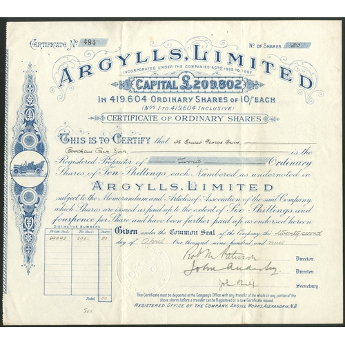 456 - Great Britain: Argylls Limited, 10/- ordinary shares, 19[09], #484, small motor car in scrollwork, b... 