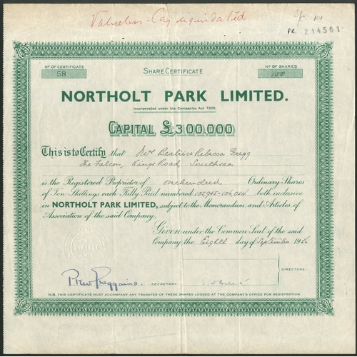 500 - Great Britain: Northolt Park Limited, 10/- ordinary shares, 19[36], #58, green. Registered 1930 to a... 