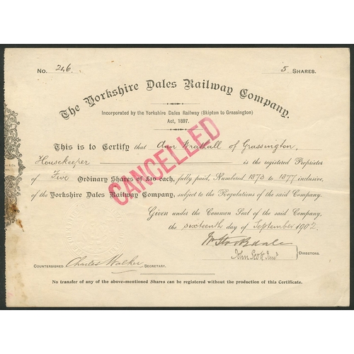 439 - Great Britain: Yorkshire Dales Railway Co., five £10 shares, 190[2], #246, cancelled, black with scr... 