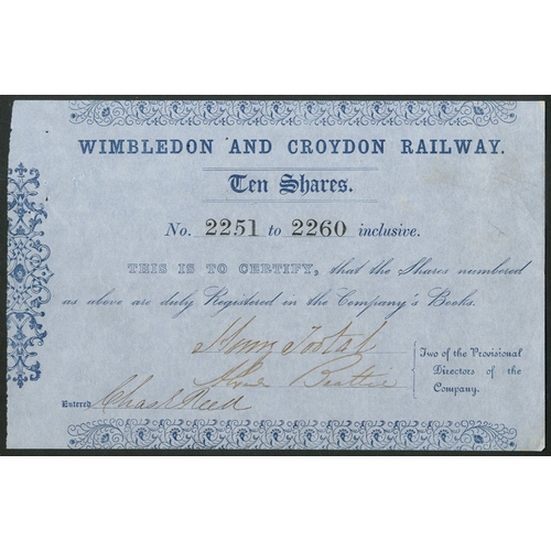 436 - Great Britain: Wimbledon and Croydon Railway, scrip for 10 shares, not dated but circa 1853, blue. A... 