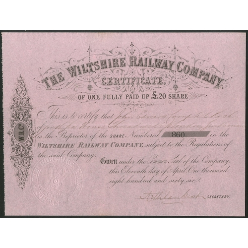 435 - Great Britain: Wiltshire Railway Company, £20 share, 1866, #860, black on pink. A line to run ... 