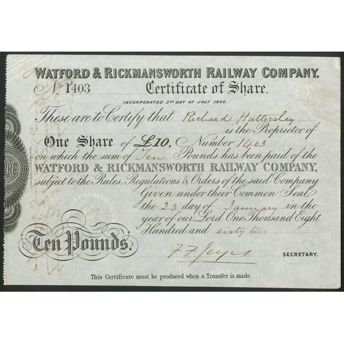 429 - Great Britain: Watford & Rickmansworth Railway Co., £10 share, 18[62], #1403, black. A 4&f... 