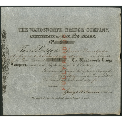 428 - Great Britain: Wandsworth Bridge Company, £10 share, 186[5], #919, black. The first bridge was... 