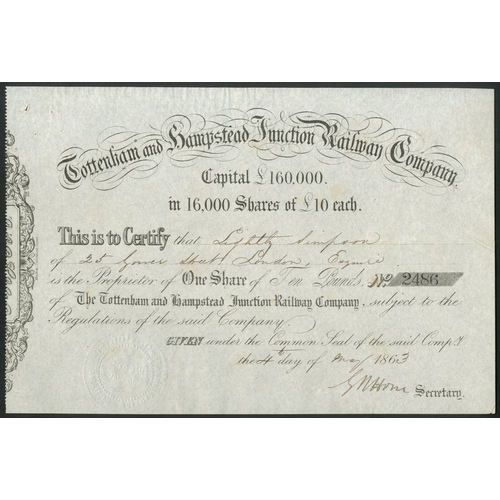 425 - Great Britain: Tottenham and Hampstead Junction Railway Co., £10 share, 186[3], #2486, black. ... 