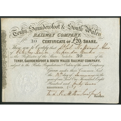 424 - Great Britain: Tenby, Saundersfoot & South Wales Railway Co., £20 share, 18[47], #30, blac... 