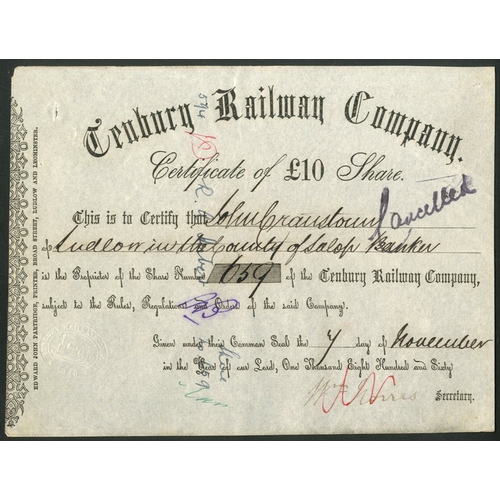 423 - Great Britain: Tenbury Railway Company, £10 share, 1860, #659, black. A 5 mile line to connect... 