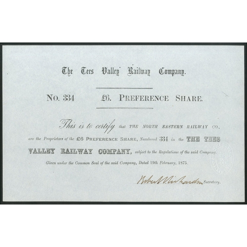 422 - Great Britain: Tees Valley Railway Co., £6 preference share, 1875, #334, black on grey paper. ... 