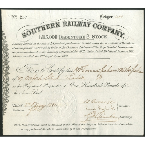 440 - Ireland: Southern Railway Co., 'B' Debenture stock, [1881], #257, black. A 22 mile line to connect t... 