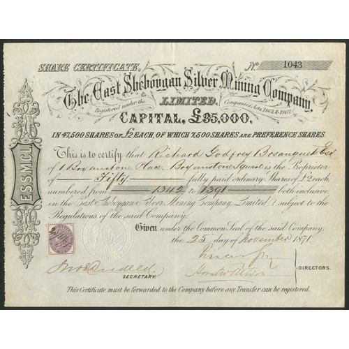 746 - U.S.A.: East Sheboygan Silver Mining Co. Ltd., £3 ordinary shares, 187[1], #1043, black, embossed se... 