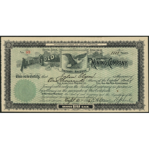 721 - U.S.A.: Alma Gold Mining Company, Arizona, $1 shares, Prescott 189[6], #83, eagle at top, black with... 