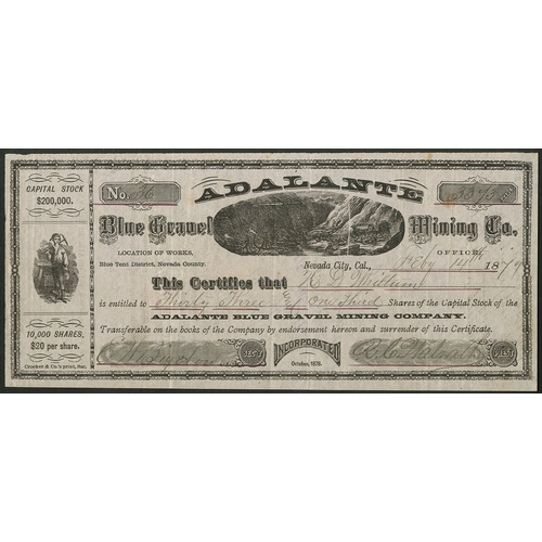 713 - U.S.A.: Adalante Blue Gravel Mining Co., California, $20 shares, Nevada City 18[79], #36, vignette o... 