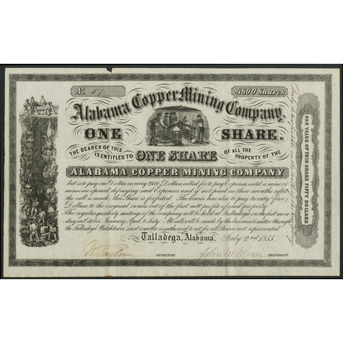 714 - U.S.A.: Alabama Copper Mining Company, one share of $50, Talladega 1855, #57, attractive piece, vign... 