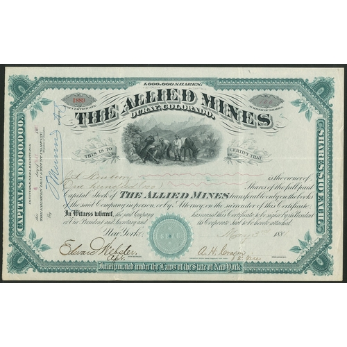 719 - U.S.A.: Allied Mines, New York, $10 shares, 188[1], #1889, miners and mountain view, green and black... 