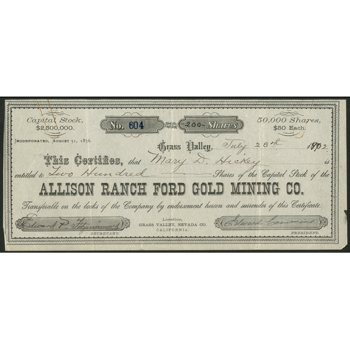 720 - U.S.A.: Allison Ranch Ford Gold Mining Co., California, $50 shares, Grass Valley 187[1902], #604, bl... 