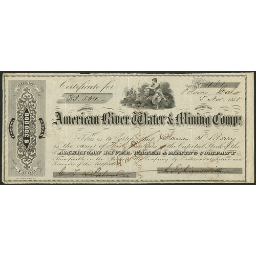 725 - U.S.A.: American River, Water & Mining Company, $[3,500] stock, Folsom 185[8], #431, allegorical... 