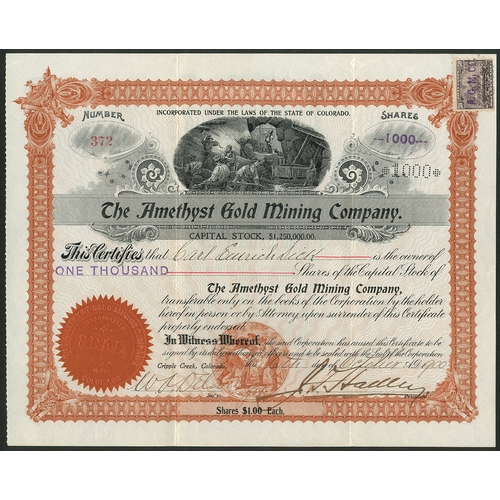 726 - U.S.A.: Amethyst Gold Mining Company, Colorado, $1 shares, Cripple Creek 1[900], #372, miners at wor... 